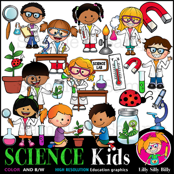 Preview of Science Kids - Clipart Black and White/ Full Color - Lilly Silly Billy