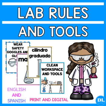 Preview of Science Lab Rules and Tools English and Spanish