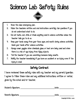 Science Lab Safety Contracts and Rules by Mrs. Lane | TPT