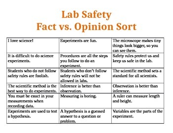 Preview of Science Lab Safety Fact and Opinion Sort