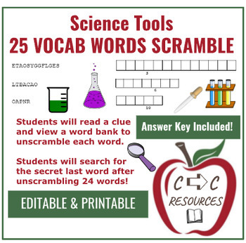 Preview of Science Lab Tools 25 Vocabulary Word Scramble Worksheet