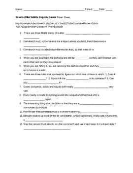 Preview of Science Max Liquid, gas, solid Video Sheet UPDATE: VIDEO LINK NO LONGER WORKS