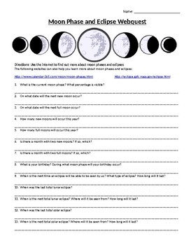Preview of Science Activities Moon Phase, Eclipse, and Tides Webquests Activity Editable