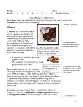 Preview of Middle School Physical Science Notes - Solutions and Mixtures