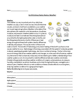 Preview of High School Earth Science Notes - Weather, Climate, and the Atmosphere