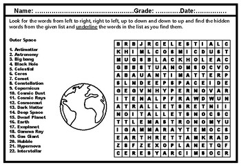 outer space word search worksheet astronomy research sub plan distance learning
