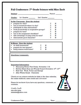 Preview of Science Parent Teacher Conference Summary Sheet
