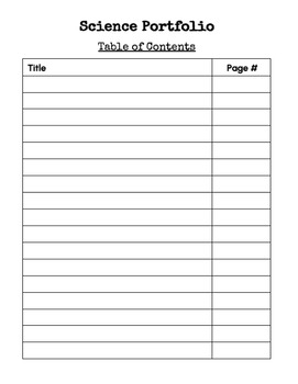 Preview of Science Portfolio Table of Contents Template Freebie
