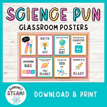 Preview of Science Pun Poster Set - Bright Bulletin Board & Classroom Decor for Science!