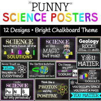 Preview of Science Puns: Poster Set: Add Humor to Your Room: Bright Chalkboard Theme