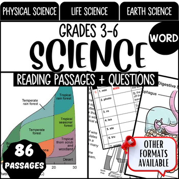 Preview of Science Reading Comprehension Passages Word Document Bundle 3rd-6th Grade