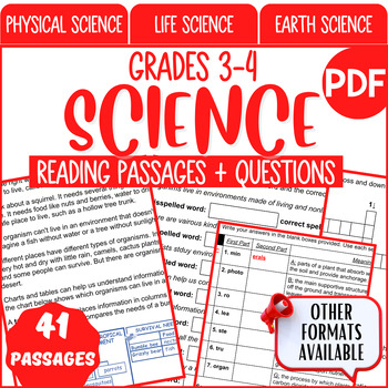Preview of Science Reading Comprehension Passages and Questions PDF Bundle 3rd 4th Grade