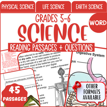 Preview of Science Reading Comprehension Passages and Questions Word Document Bundle