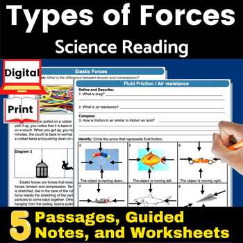 Preview of Types of Forces with gravity & friction worksheets Science Reading Comprehension