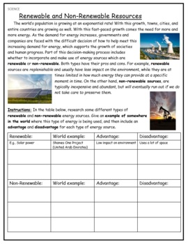 Preview of Science: Renewable and Non-Renewable Energy Worksheet