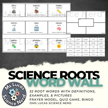 Preview of Science Root Word Wall with Frayer and Bingo Cards