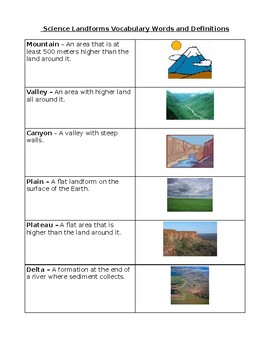 Preview of Science Social Studies Landforms Vocabulary Definitions Handout Geography
