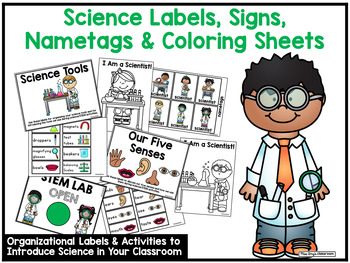 Preview of Science/STEM Classroom Labels, Signs, Teaching Tools, Science Coloring Sheets