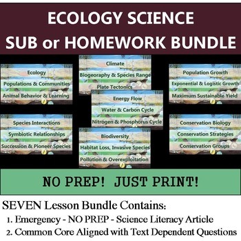 Preview of Ecology Homework Bundle - Science Sub Lessons - Common Core Aligned