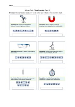 Preview of Science Tools - Word Scramble Puzzle Worksheet (No Prep Printable)