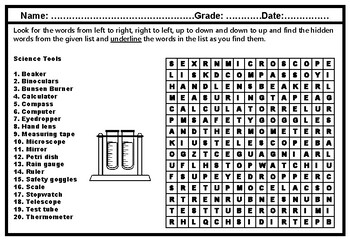 Science Tools Word Search Worksheet, Science Lab Introduction