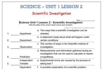 Preview of Science Unit 1 Lesson 2 - Scientific Investigation   Matching worksheet