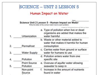 Preview of Science Unit 2 Lesson 5 - Human Impact on Water      worksheet