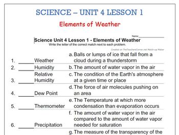 Preview of Science Unit 4 Lesson 1 - Elements of Weather     worksheet