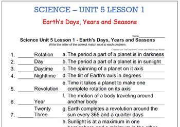 Preview of Science Unit 5 Lesson 1 - Earth's Days Years and Seasons worksheet