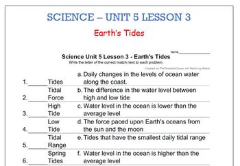 Preview of Science Unit 5 Lesson 3 - Earth's Tides worksheet