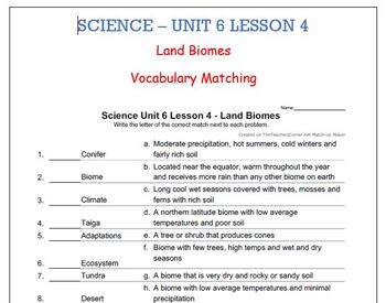 Preview of Science Unit 6 Lesson 4 - Land Biomes -  Vocabulary Matching