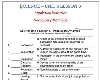 Preview of Science Unit 6 Lesson 6 - Population Dynamics