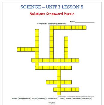 Preview of Science Unit 7 Lesson 5 - Solutions CROSSWORD PUZZLE