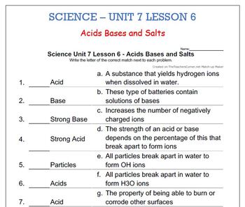 Preview of Science Unit 7 Lesson 6 - Acids Bases and Salts