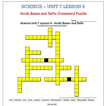 Preview of Science Unit 7 Lesson 6 - Acids Bases and Salts CROSSWORD PUZZLE