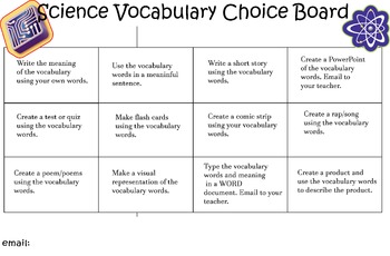 Preview of Science Vocabulary Choice Board