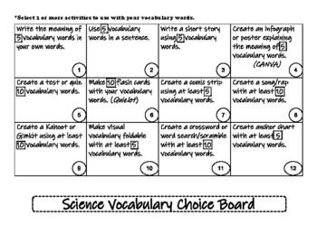 Preview of Science Vocabulary Choice Board