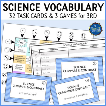Preview of Science Vocabulary Compare and Contrast Task Cards and Games 3rd Grade