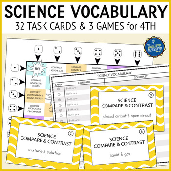 Preview of Science Vocabulary Compare and Contrast Task Cards and Games 4th Grade