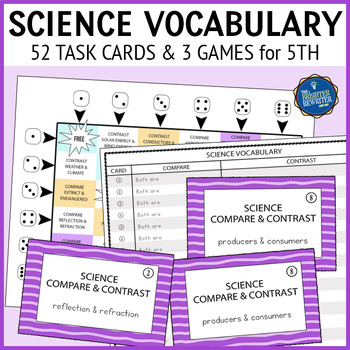 Preview of Science Vocabulary Compare and Contrast Task Cards and Games 5th Grade