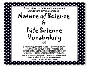 Preview of Science Vocabulary List - Nature of Science and Life Science