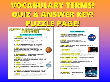 Preview of Science Vocabulary : Planets & Space (Quiz / Study Guide / Puzzles)