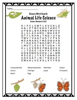 science vocabulary word search animal life science standard 2 ls2