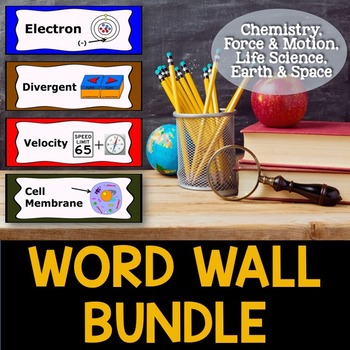 Preview of Science Word Wall Bundle - Chemistry, Force/Motion, Life, Earth/Space - Spanish