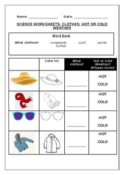 Preview of Science Worksheets: Clothes: Hot or Cold Weather