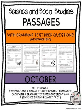 Preview of Science and SS Passages with Grammar Test Prep Questions October