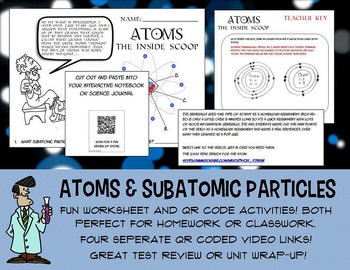 Preview of Science atoms atomic structure parts of an atom worksheet QR codes jr. high