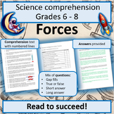 Science comprehension: Forces. Grades 6-8