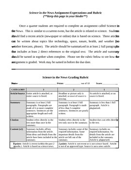 Preview of Science in the News Instructions and Rubric