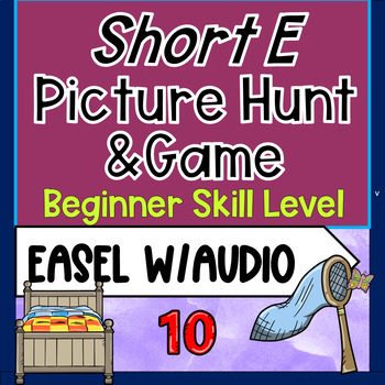 Preview of Short E Vowel Sound Picture Hunt Beginner Level Worksheets & Easel w/Audio